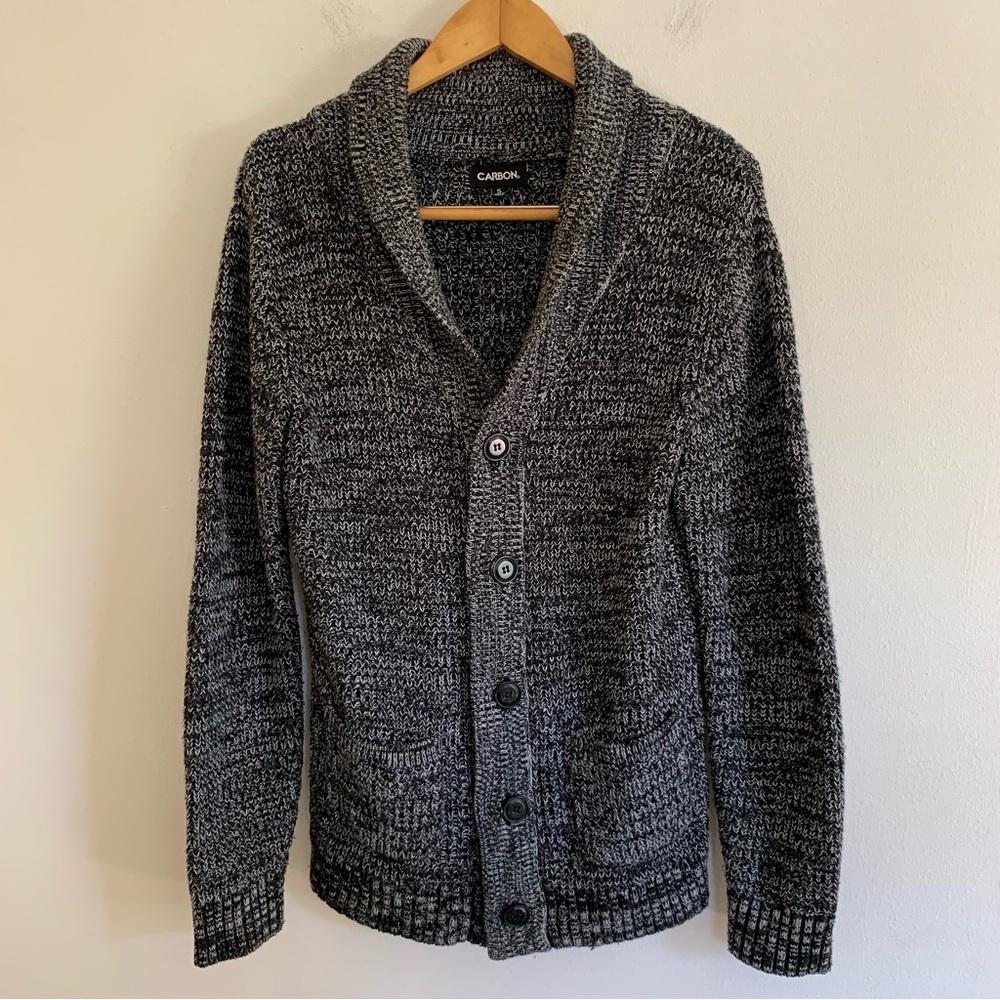 Carbon Men's Shawl Collar Cardigan in Charcoal Gray Black Marled